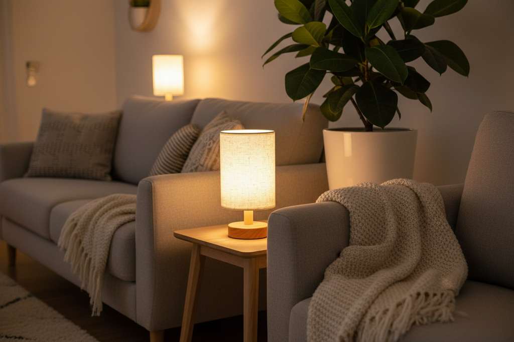 Linen Table Lamp – living room setting – Homi Goods