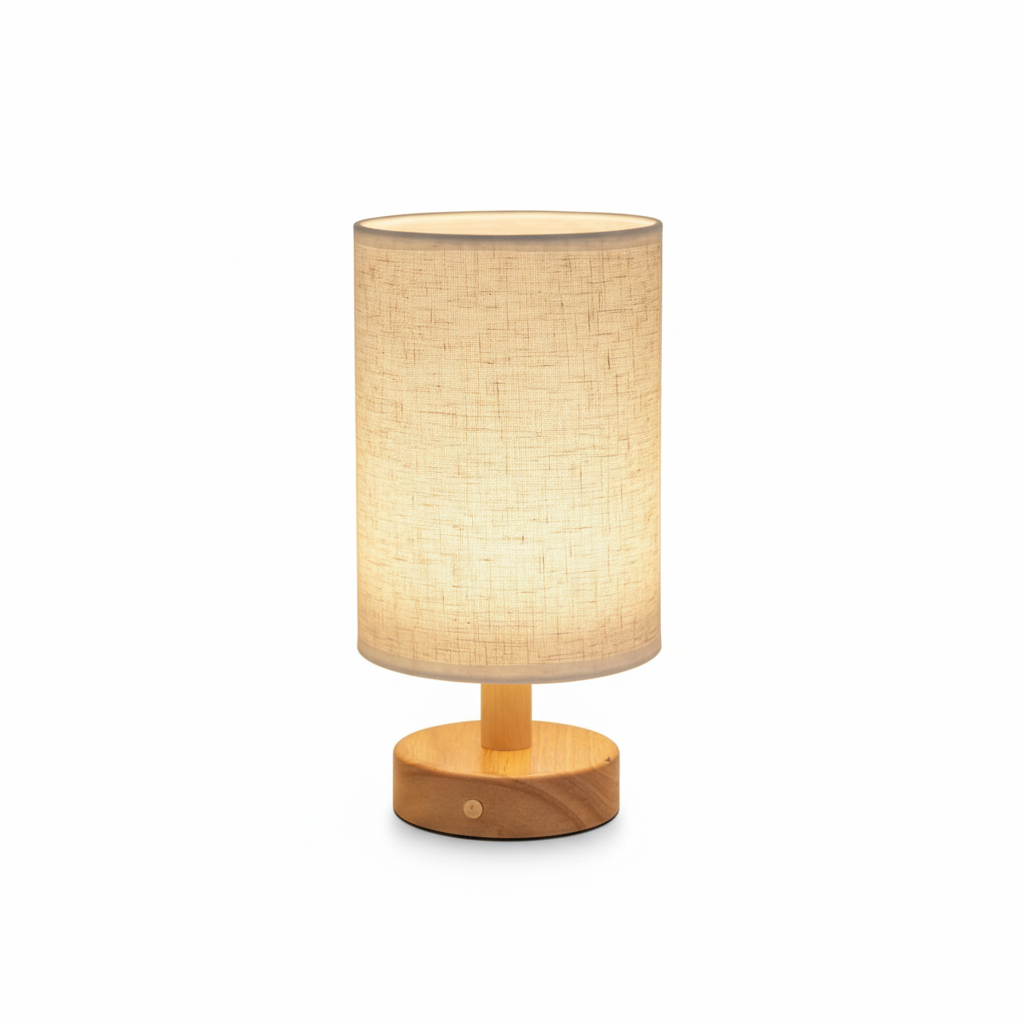 Linen Table Lamp with Wooden Base – white background – Homi Goods
