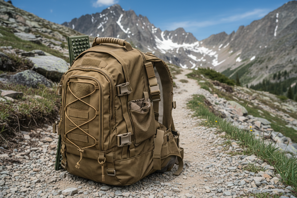 Tactical backpack - mountain trail background