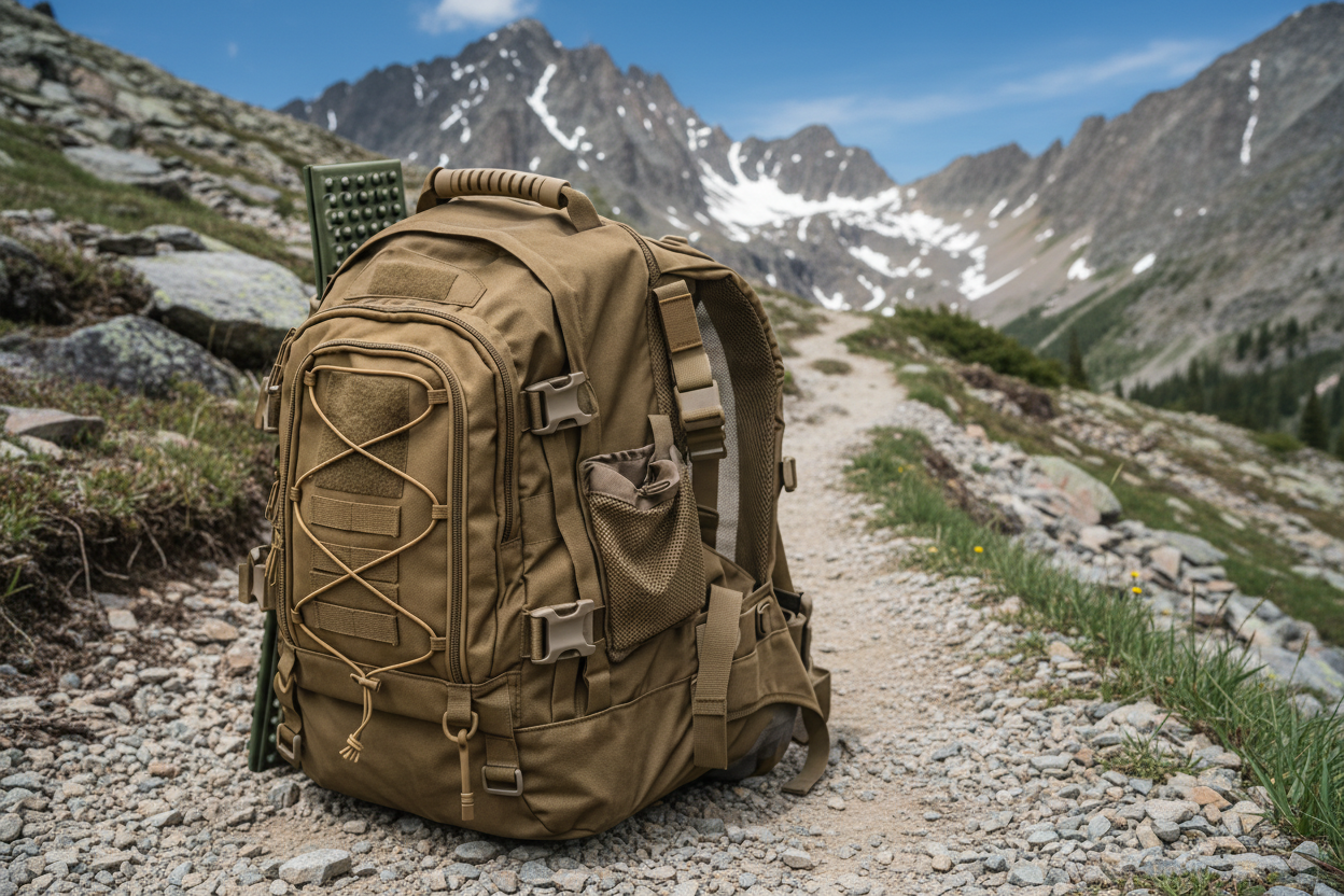 Tactical backpack - mountain trail background