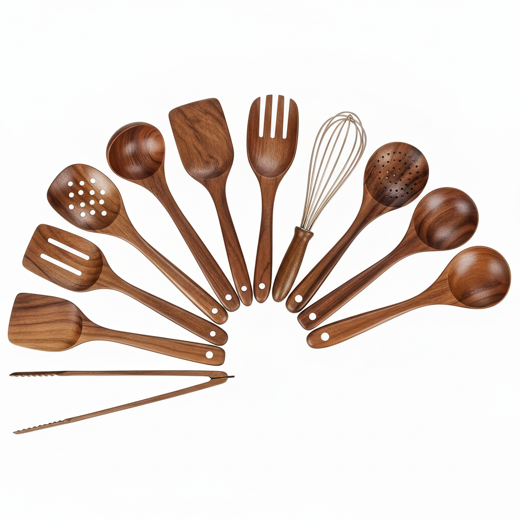 Teak Utensil Set White Background
