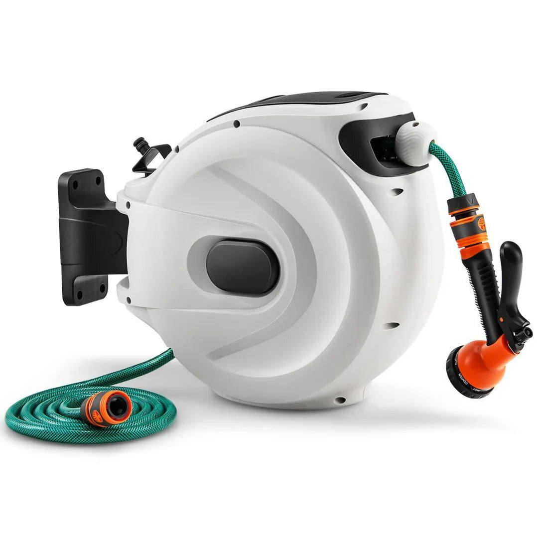 Wall Mounted Retractable Garden Hose Reel with Hose & Sprayer — Auto Rewind Water Hose Reel