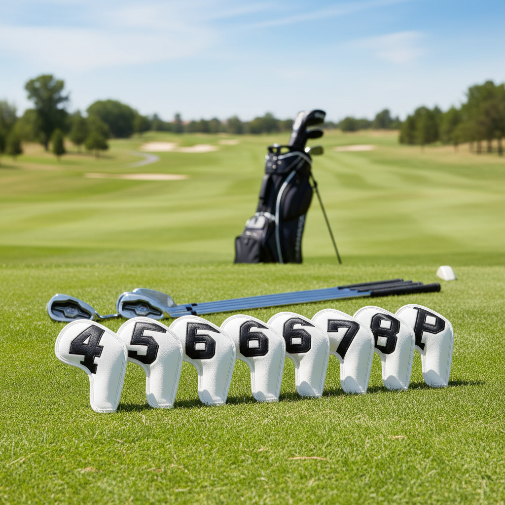 White golf iron covers in golf context