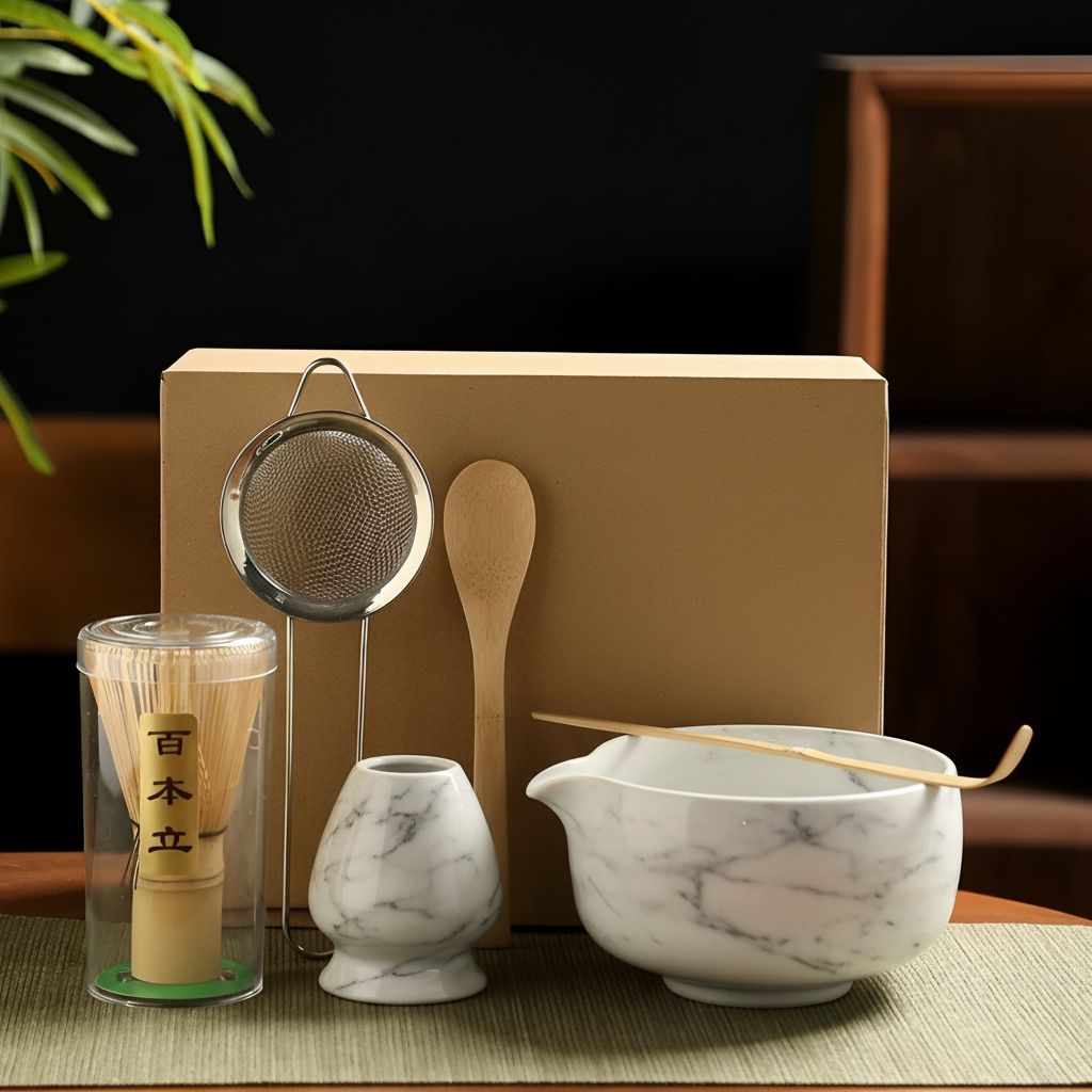 White marble matcha set lifestyle