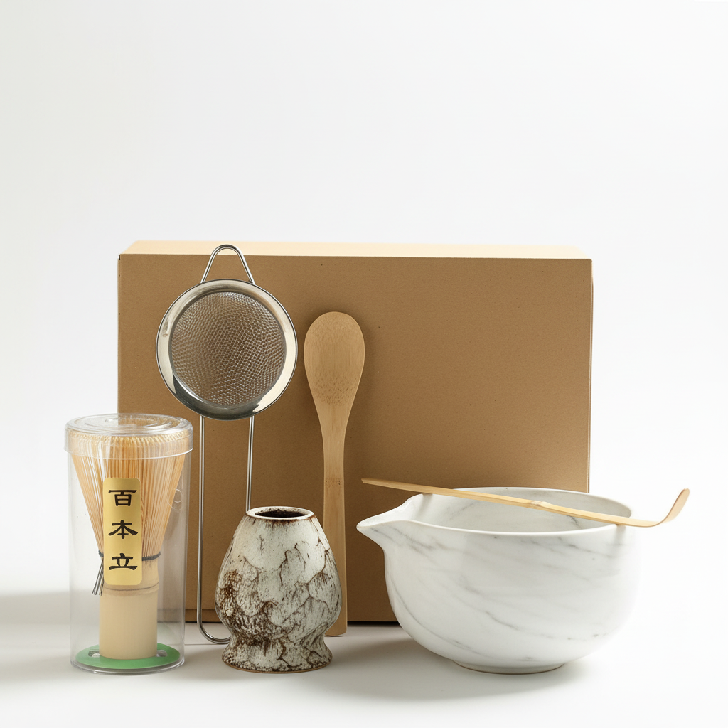White marble matcha set with box on white background