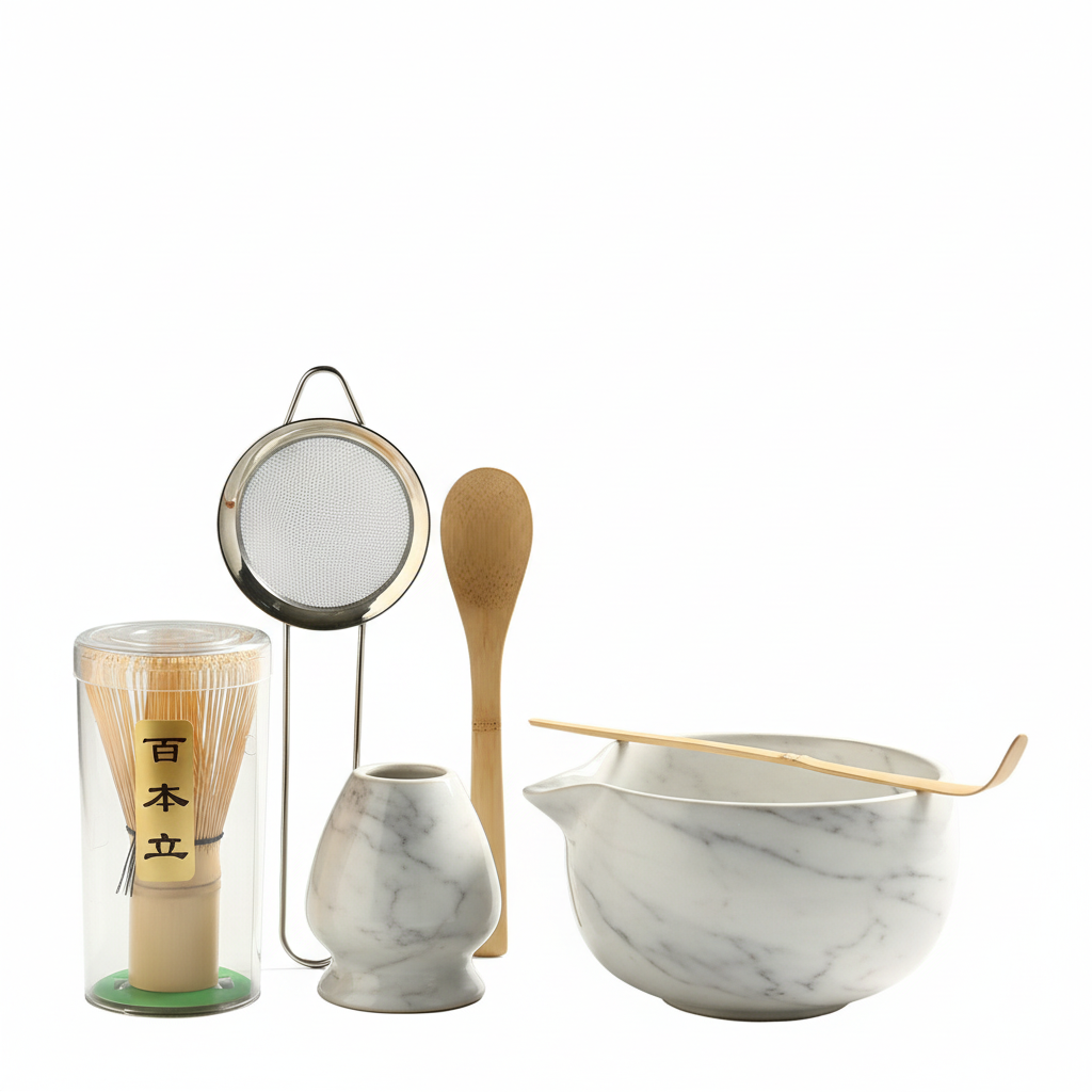 White marble matcha set with white background