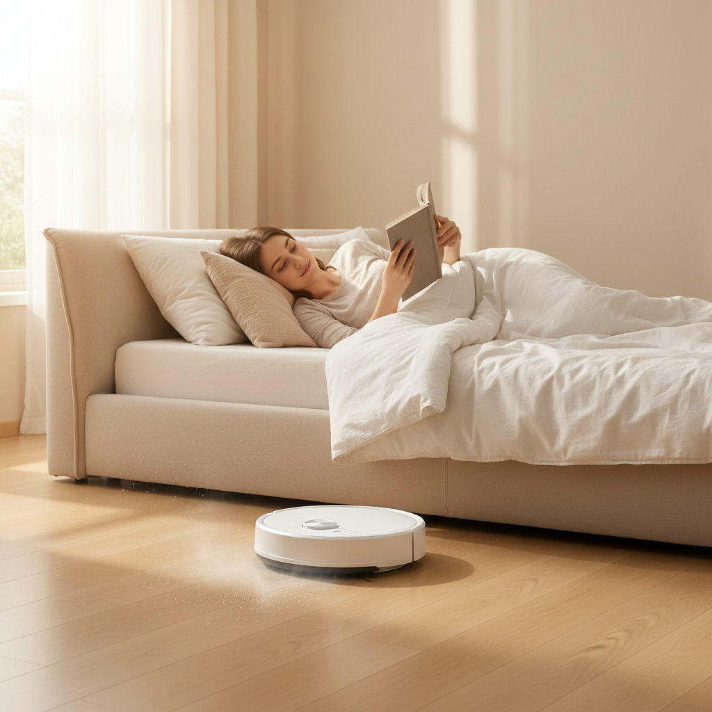 White Robot Vacuum Bedroom
