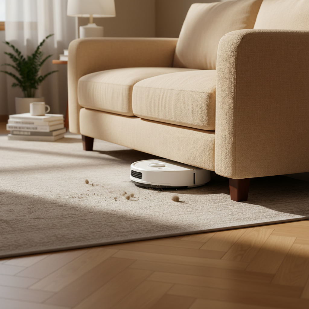 White Robot Vacuum Under Sofa