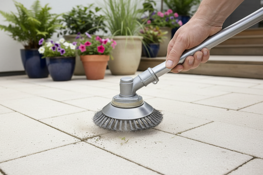 Wire brush trimmer in use - patio background