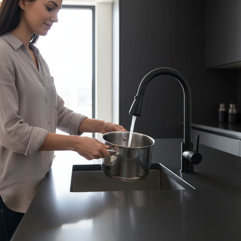 Woman filling pot – Matte Black faucet