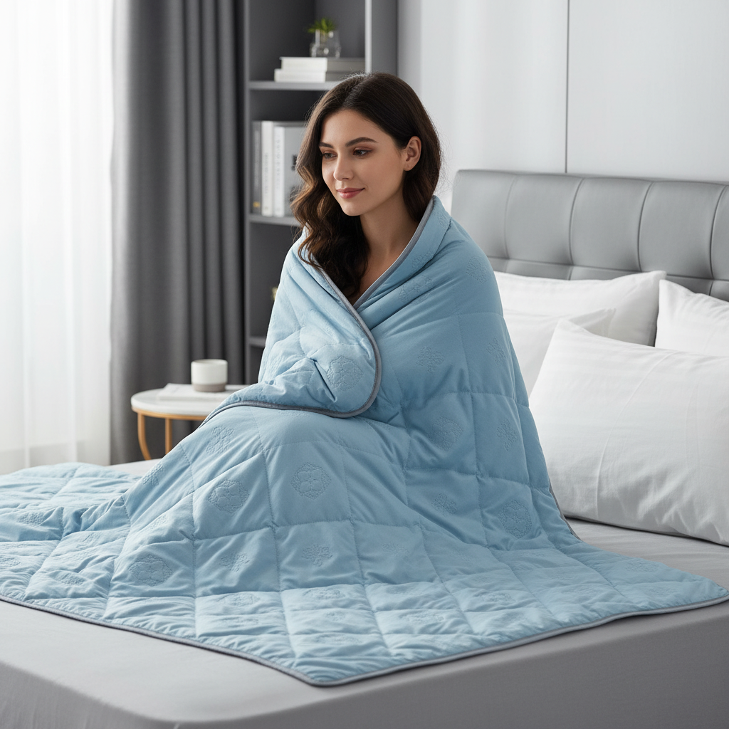 Woman wrapped in blue cooling blanket