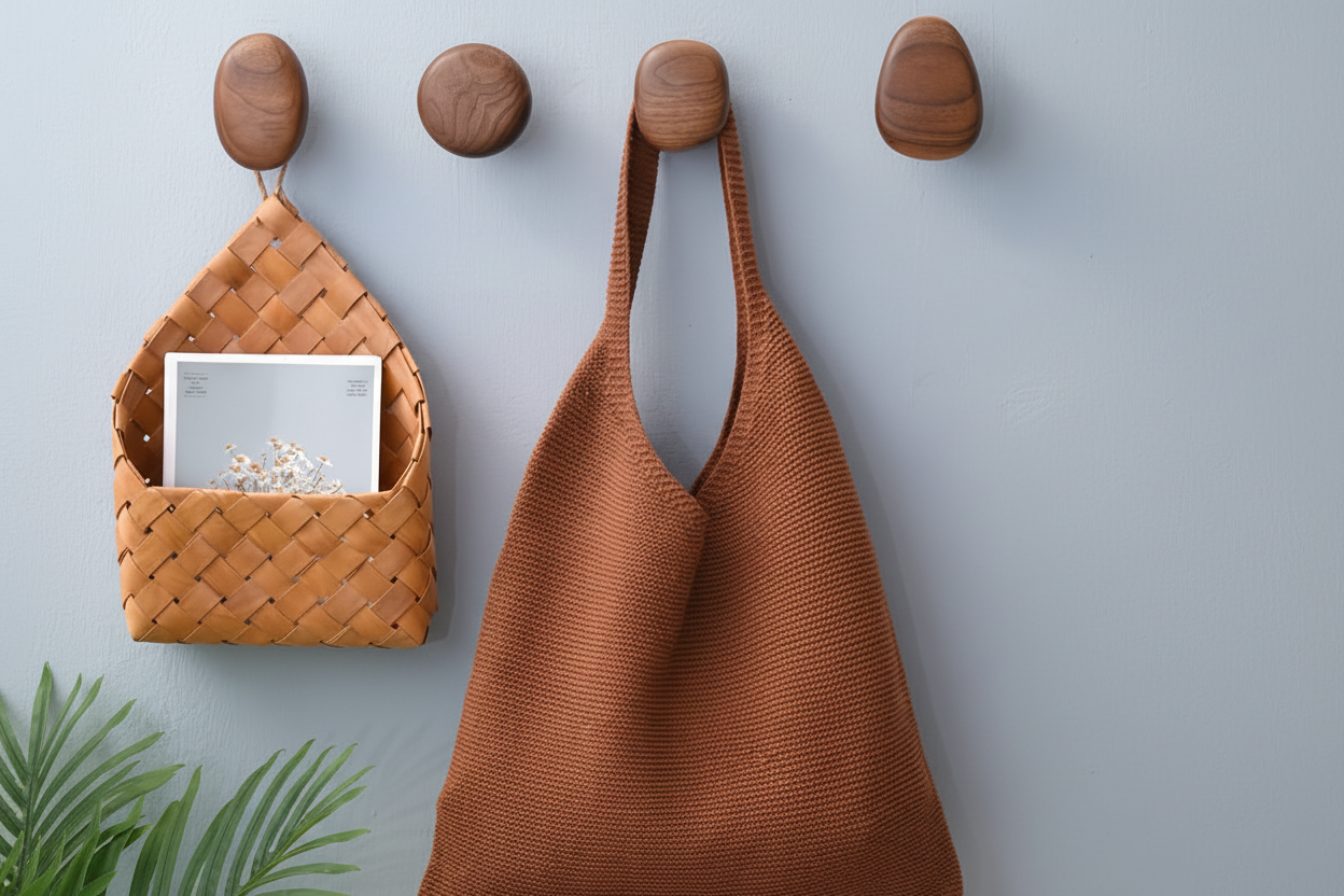 Wooden hooks - blue-gray wall