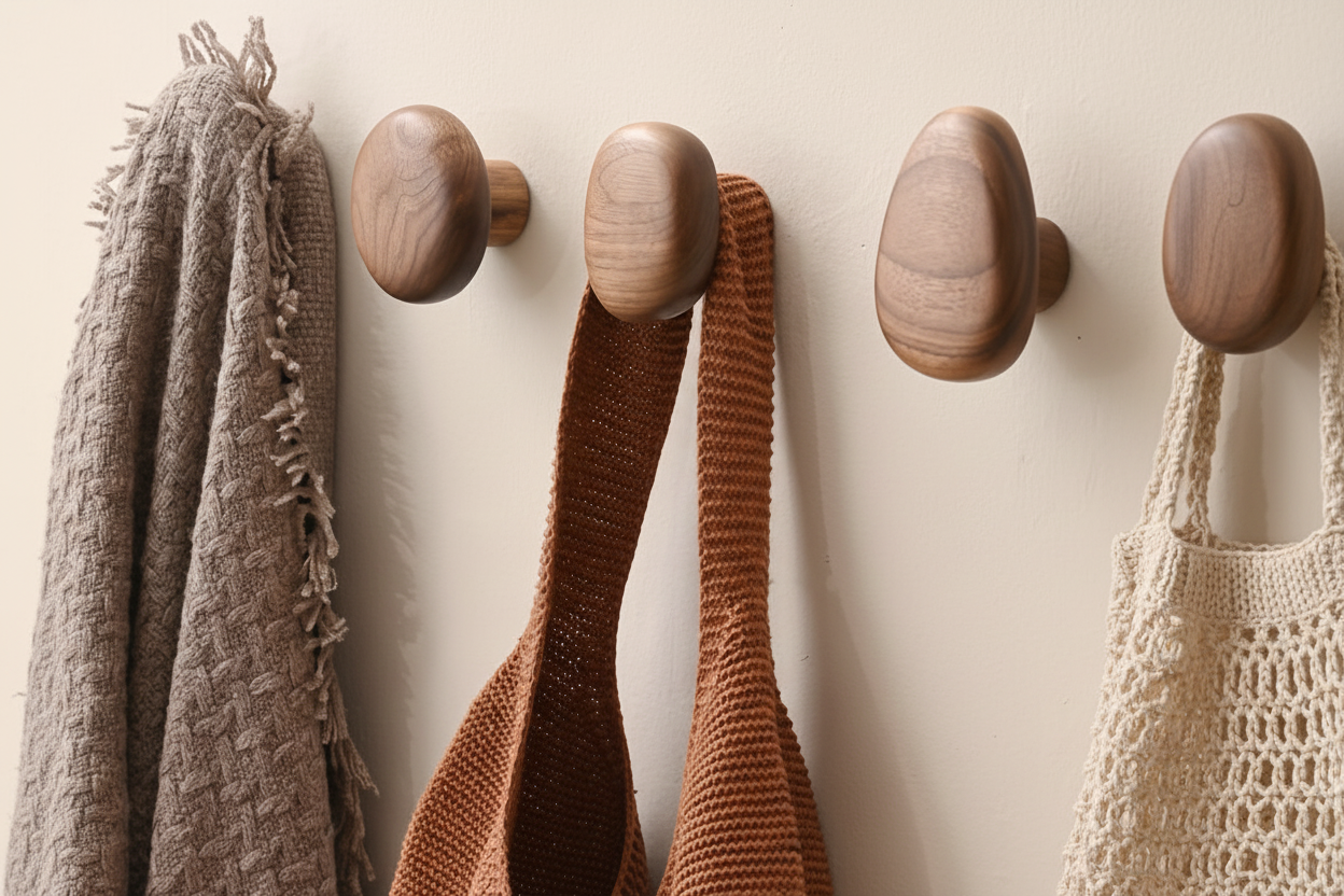Wooden hooks - cream wall