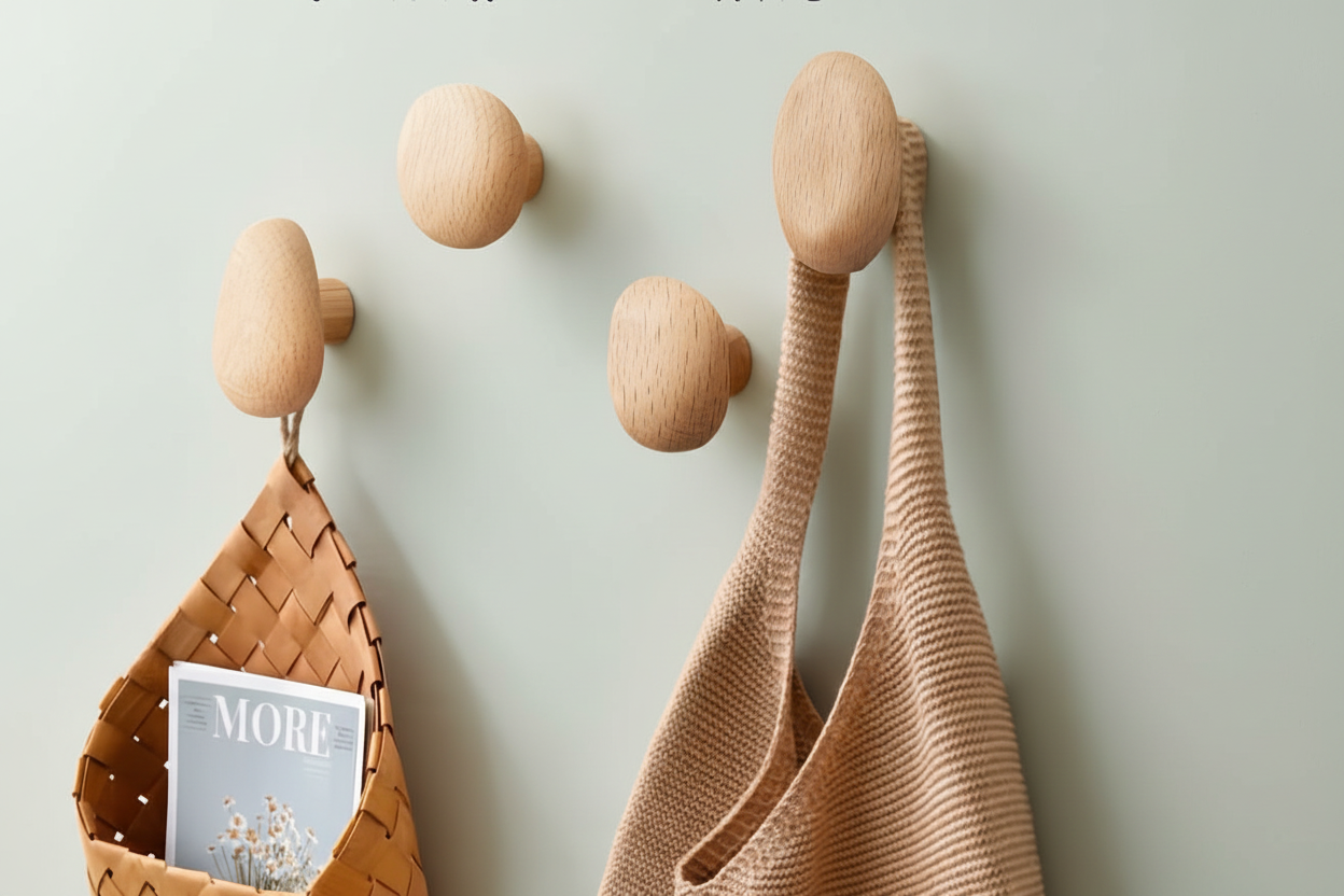 Wooden hooks - sage green wall