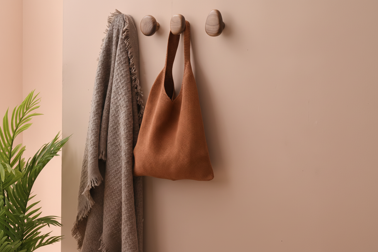 Wooden hooks - terracotta wall