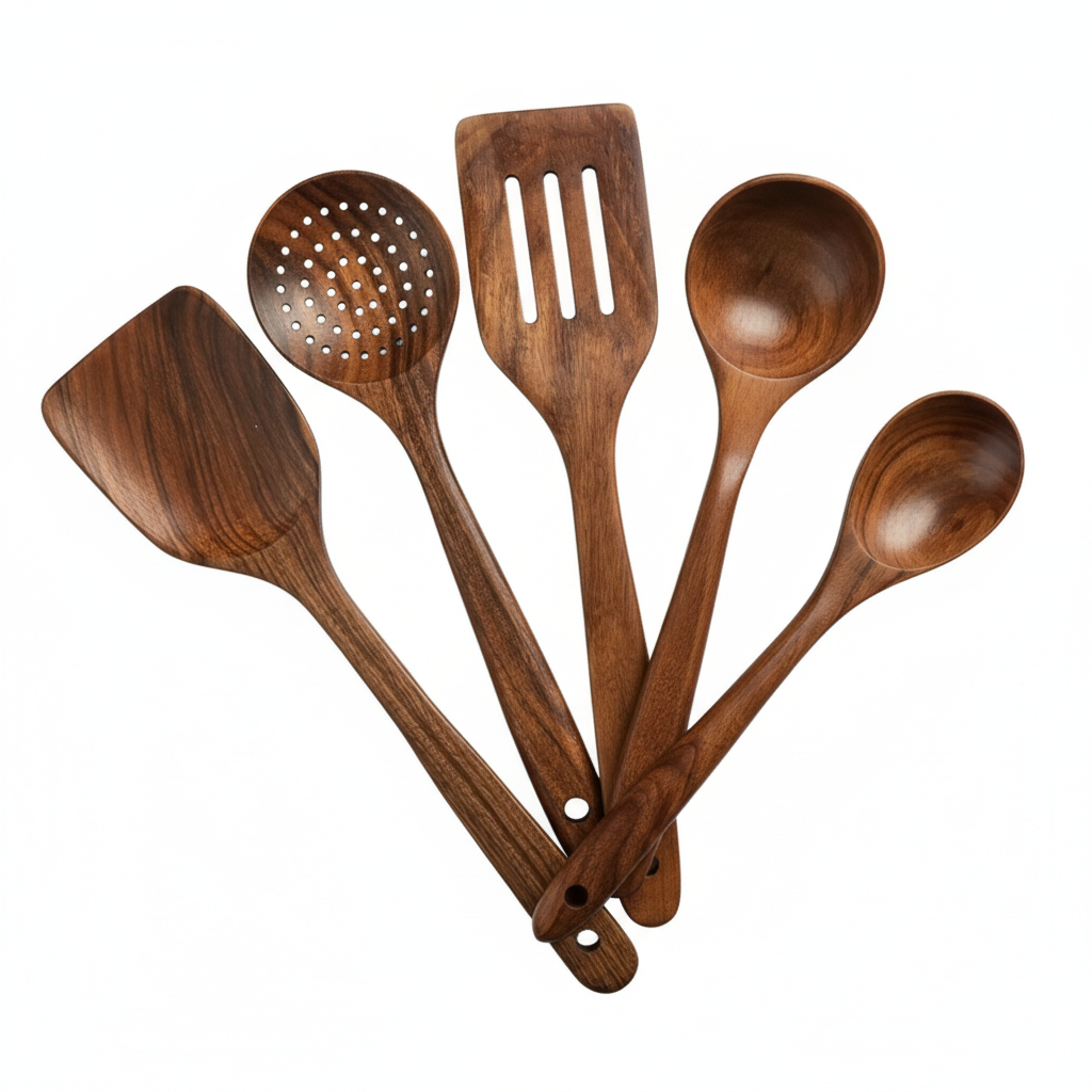 Wooden Kitchenware Set White Background